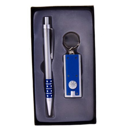 SET PEN KEYCHAIN TORCH LED BLUE CASE